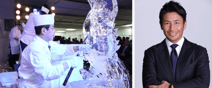 左)氷彫刻実演 右)祭典サポーター 魔裟斗さん