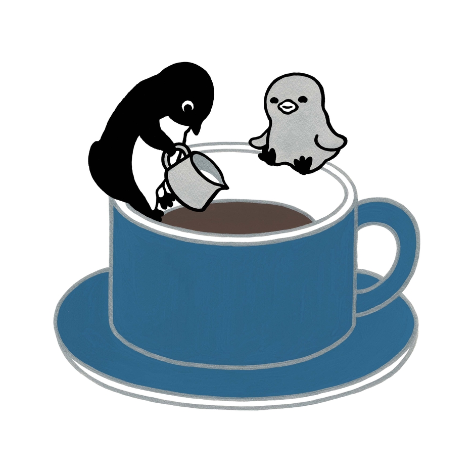 新作版画「コーヒーカップのペンギン」30×30cm 44,000円(税込)限定100部