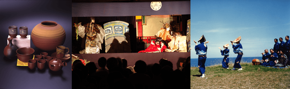 「無名異焼(むみょういやき)」金山周辺から採れる赤い土“無名異”を使用した陶器〔写真左〕。「文弥人形(ぶんやにんぎょう)」1人で1体の人形を操る人形芝居〔写真中央〕。「佐渡おけさ」江戸時代に佐渡に伝わった北九州のハイヤ節が変化し、おけさ節に〔写真右〕