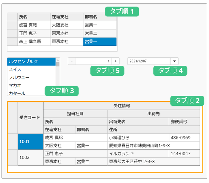 コントロールのタブ順の制御