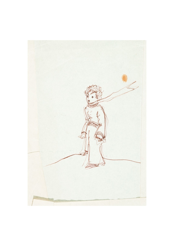 スカーフを風になびかせて砂漠に立つ星の王子さま(鉛筆画／日付無しのドローイング)