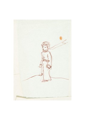 スカーフを風になびかせて砂漠に立つ星の王子さま(鉛筆画/日付無しのドローイング)