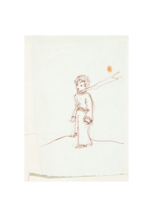 スカーフを風になびかせて砂漠に立つ星の王子さま(鉛筆画/日付無しのドローイング)