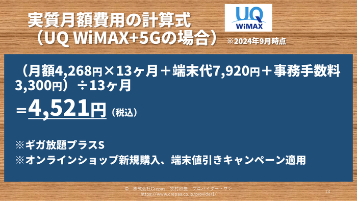 実質月額費用の計算例（UQ WiMAXの場合）