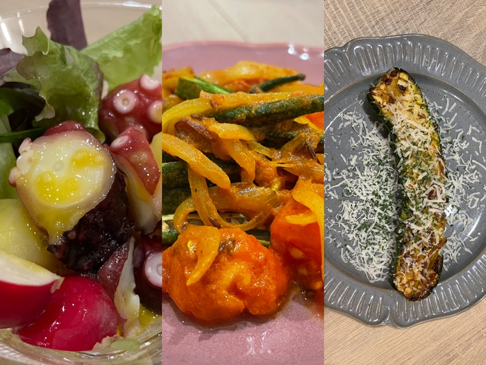 左からタコとポテトのルイユソース、オクラのスパイス炒め、ズッキーニのステーキ