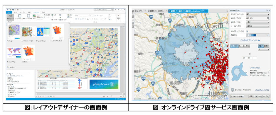 図:レイアウトデザイナーの画面例(左)/図:オンラインドライブ圏サービス画面例(右)