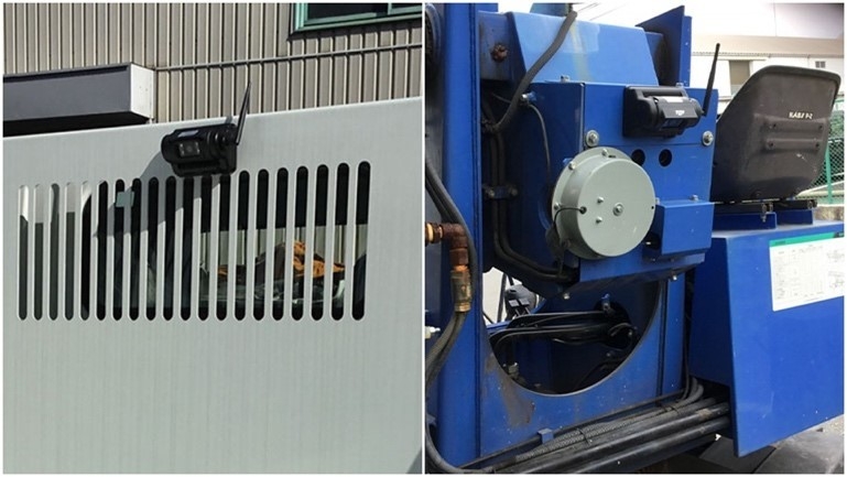 取り付けイメージ(左：ダンプカー、右：高所作業車)。カメラの角度は手動で変更可能