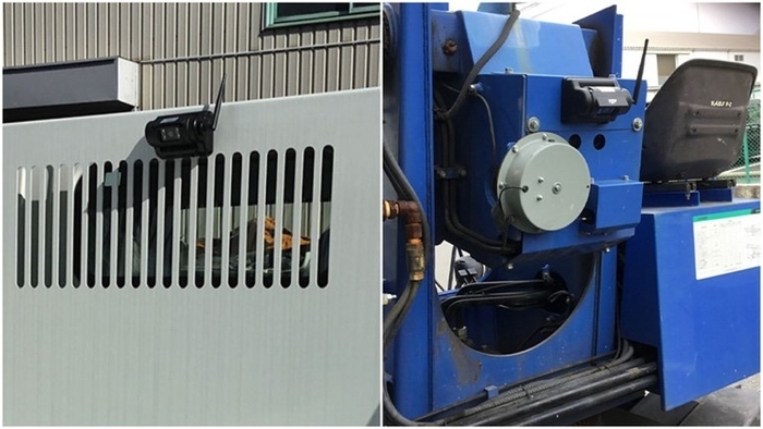 取り付けイメージ(左:ダンプカー、右:高所作業車)。カメラの角度は手動で変更可能