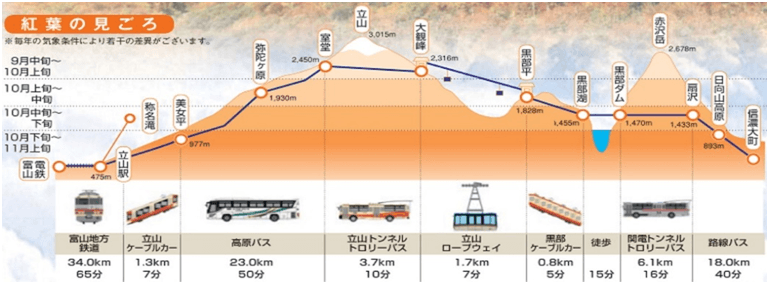 立山の紅葉は10月から11月上旬にかけて山腹から麓へ