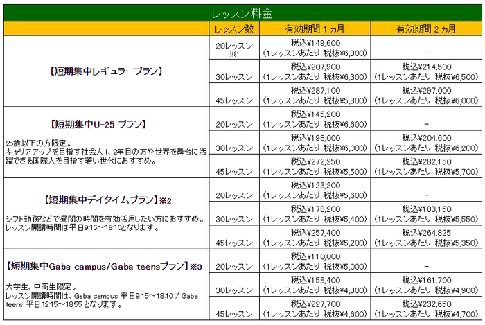 「Gaba 夏の短期集中プラン」料金一覧