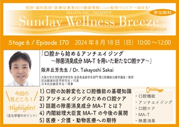 《医師・歯科医師・薬剤師向け》 無料オンラインセミナー8/18(日)朝10時開催　 『口腔から始めるアンチエイジング ～除菌消臭成分MA-Tを用いた新たな口腔ケア～』　 講師：阪井 丘芳 先生(大阪大学大学院歯学研究科  成長発達歯学系部門 顎口腔機能治療学講座／教授)