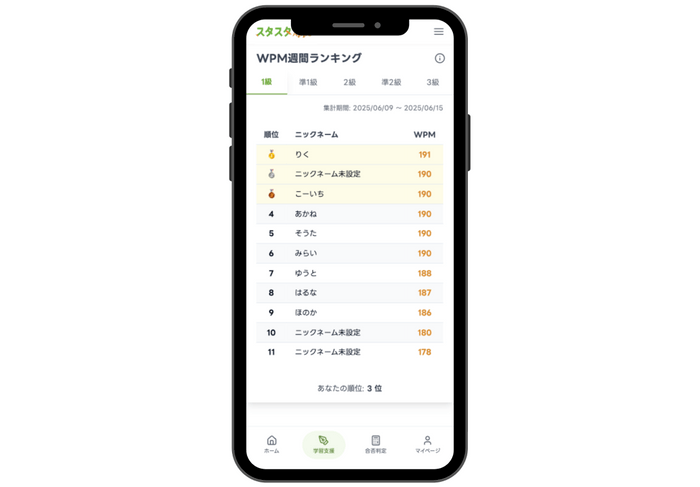 【画像：WPM週間ランキング画面（自分の順位表示を含む）のスクリーンショット】
