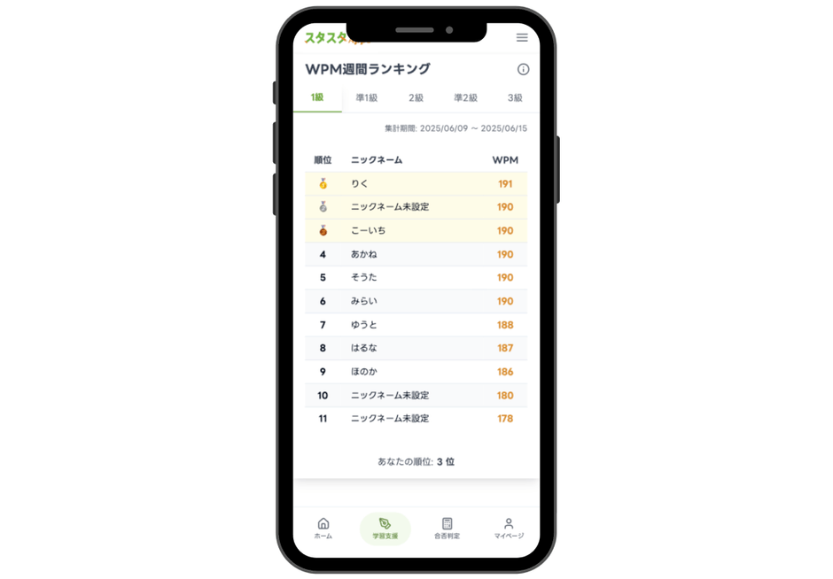 【画像:WPM週間ランキング画面(自分の順位表示を含む)のスクリーンショット】