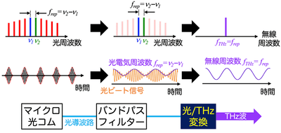 図2 マイクロ光コムの光/電気変換によるテラヘルツ発生