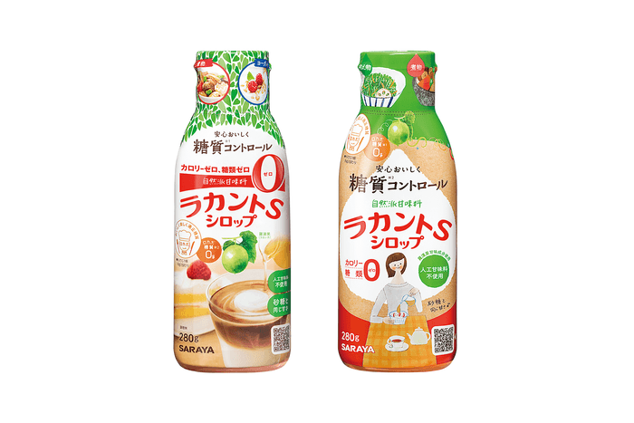 ラカントSシロップ(左:ドラッグ、健康食品売り場用/右:スーパー、甘味料売り場用)