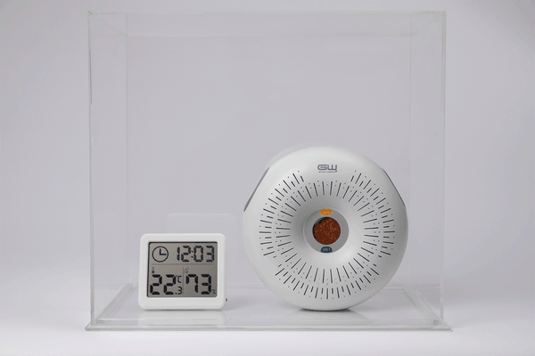 吸湿力テストを行い、20Lのスペースで12:00〜17:00の約5時間、湿度が75%から42%に下がりました。(室温22℃環境下)