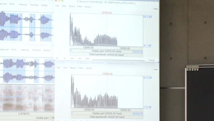 声を周波数成分ごとに分解して表示したサウンドスペクトログラム(声紋)を見ると 、母音の特徴を表すフォルマント周波数を読み取る