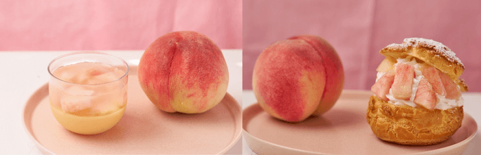 (左から)おやつプリン もも味/TAMAGOYA桃のシュークリーム
