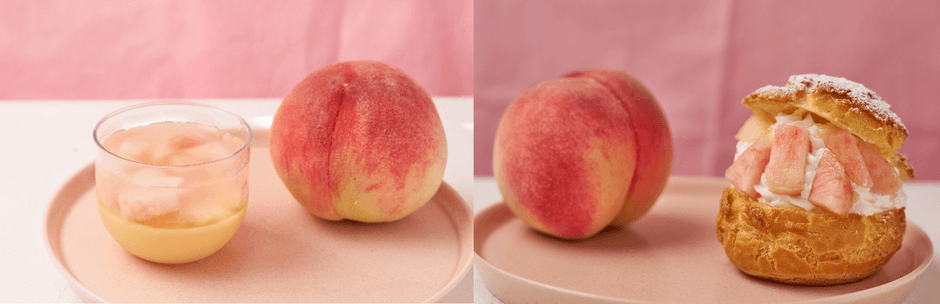 (左から)おやつプリン もも味／TAMAGOYA桃のシュークリーム