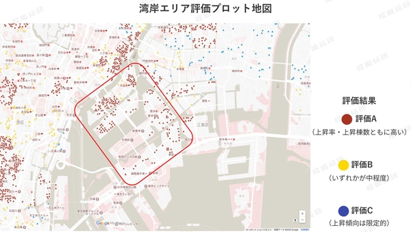 図3：湾岸エリア評価プロット地図 【出典：マンションリサーチ株式会社　福嶋総研】