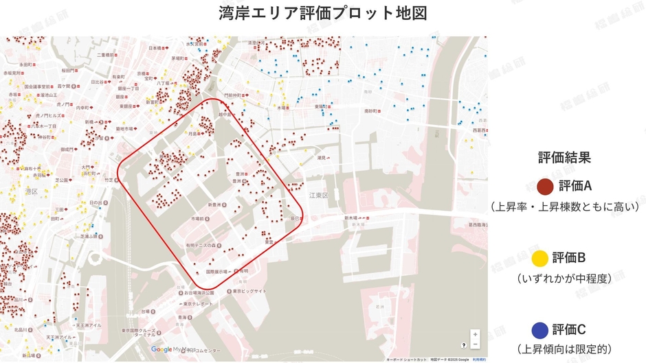 図3：湾岸エリア評価プロット地図 【出典：マンションリサーチ株式会社　福嶋総研】
