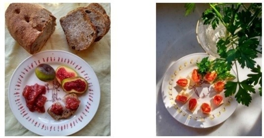 自家製のライ麦パンと庭のイチジクとそのジャム／庭のミニトマトをドライにして、オリーブオイルにつけた物に、庭のイタリアンパセリを添えて