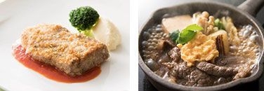 (左)ビーフカツレツ ミラノ風 (右)牛肉のすき焼き風 鉄板焼き仕立て