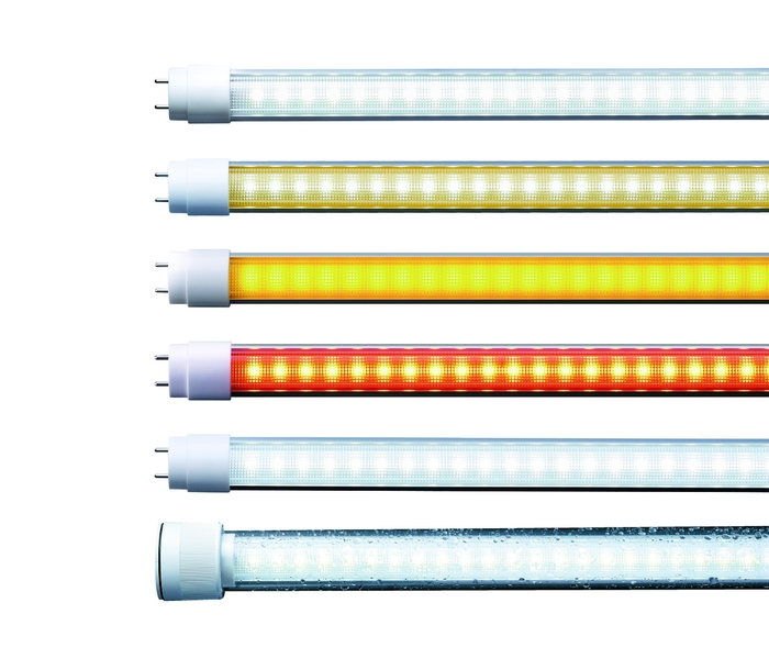 上から40形 LS1200-U2 昼白色、白色、イエロータイプ、オレンジタイプ、ブルーライト対策品、防水チューブ。16/20/30対応形、110形はオレンジタイプを除き同様のラインアップを揃えています。
