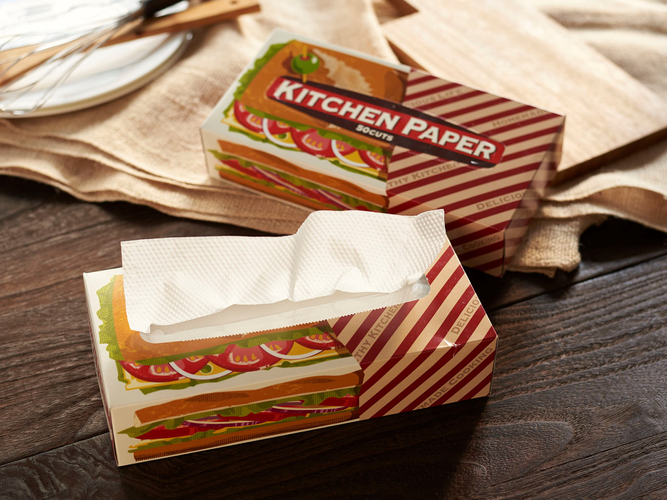  「キッチンペーパー 50組」大きなサンドイッチを模したインパクトのあるパッケージ！