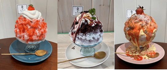 (左)奈良産朝採れ古都華　(中央)ブルーベリー美容×氷　(右)古都華カスタードパイ美容×氷
