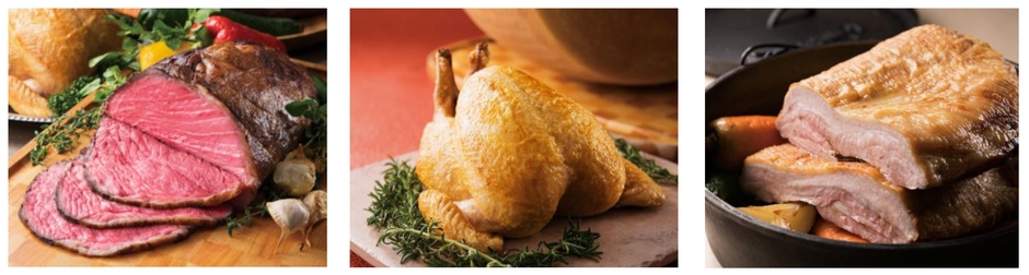 (左)黒毛和牛のロースト、(中)チキンのロースト　リゾット入りチーズソース、(右)ポークのロースト　バジル風味のマスタードソース