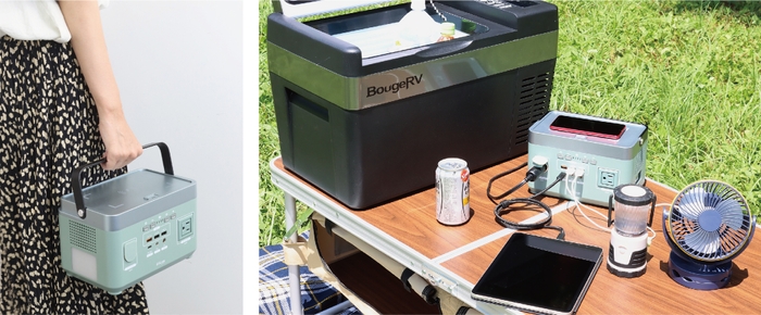 (左画像:女性でも軽々/右画像:各種アウトドアギアで使用)