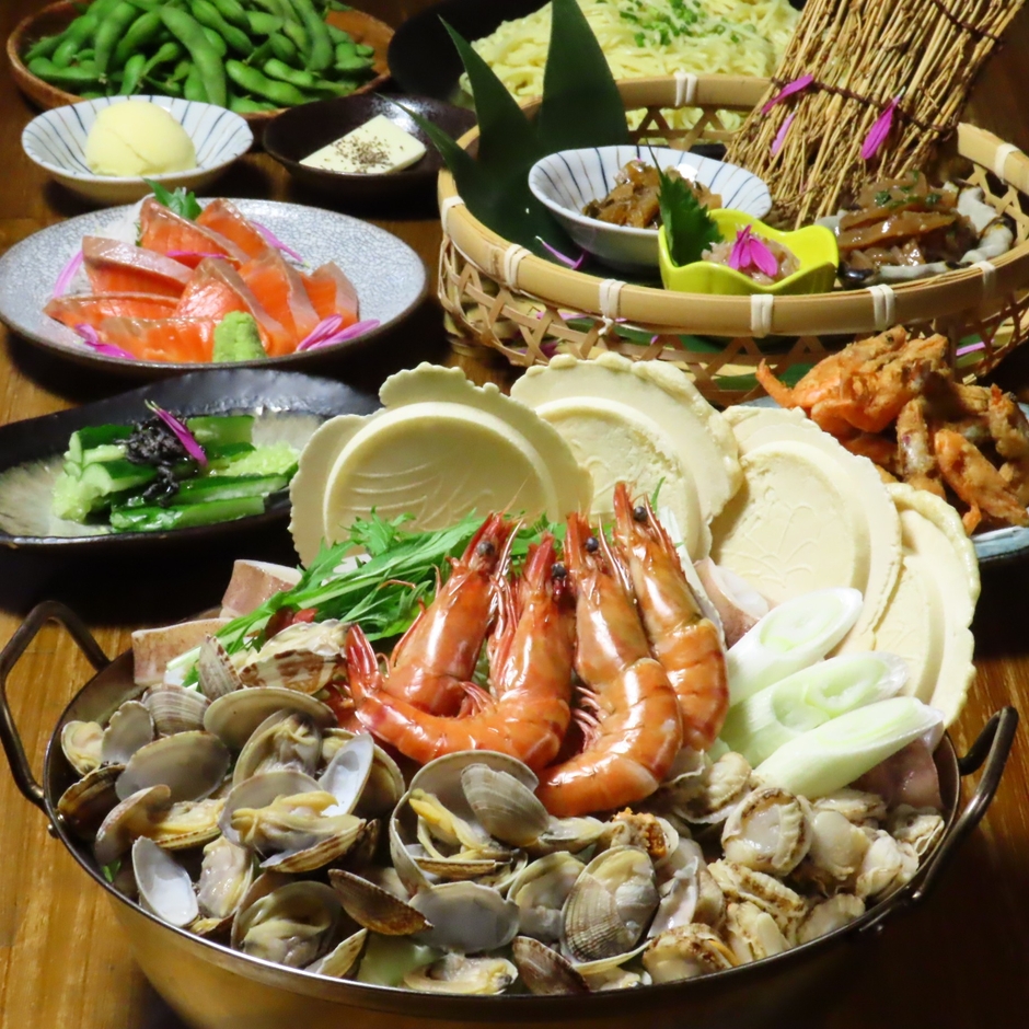 一茶風海鮮味噌せんべい汁鍋コース。