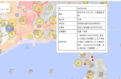 自然災害伝承碑とハザードマップ(石巻湾周辺)