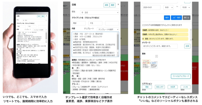 日報入力のスマホ画面/案件をクリックで日報画面が開く/日報へのメッセージとレスポンス