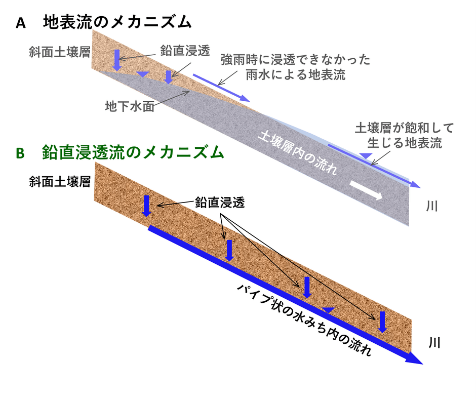 図1 山腹斜面における豪雨時の流出メカニズムの概念図 A:これまでの常識、B:本書による説明