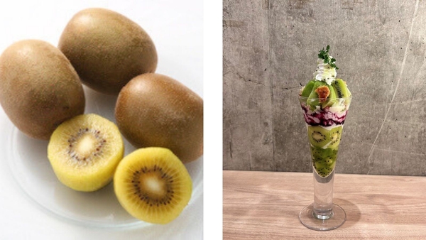 左：福岡県産キウイフルーツ「博多甘熟娘」　右：博多甘熟娘パフェ 1,342円