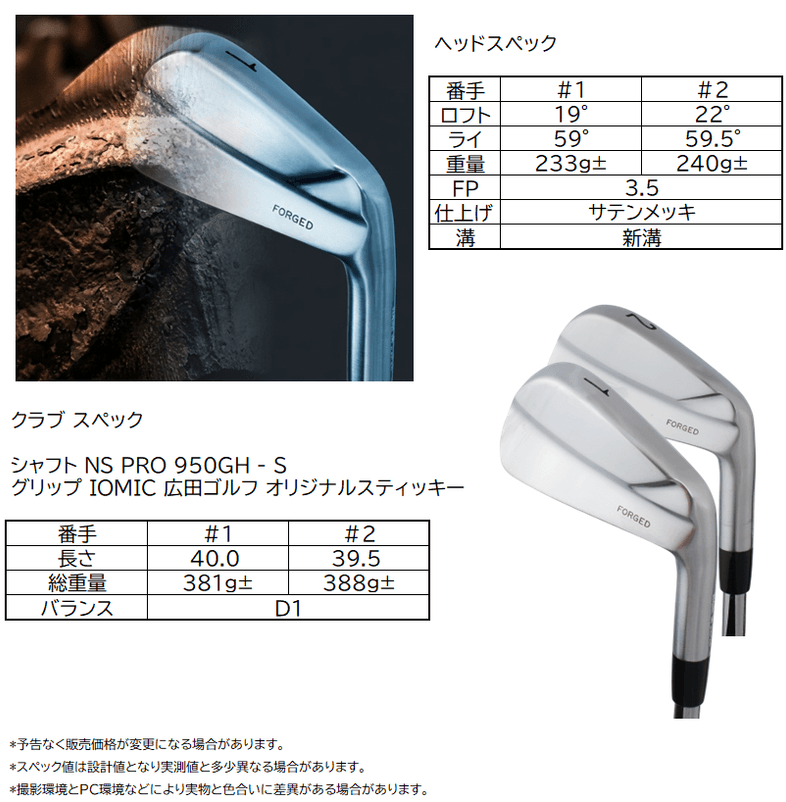広田ゴルフの軟鉄鍛造無刻印シリーズから発売されるドライビングアイアンの1番アイアンのヘッドスペック及びNS PRO 950GH-Sで組み立てた場合のクラブスペック画像。