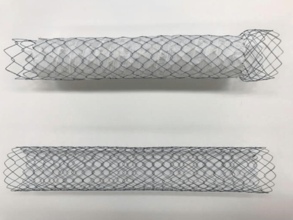 今回の多施設無作為化比較試験で使用した2種類のステント　上：胃十二指腸用カバー付きステント、下：胃十二指腸用カバーなしステント