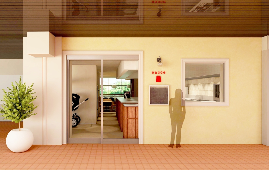 明るいクリーム色を基調とした「sacco」外観