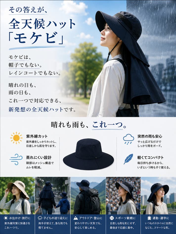 晴れの日は、快適な帽子。雨の日は、頼れるレインケープ。全天候ハット「モケビ」。