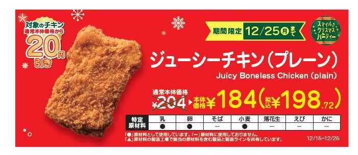 ジューシーチキン(プレーン)本体価格より20円引き販促物(画像はイメージです。)