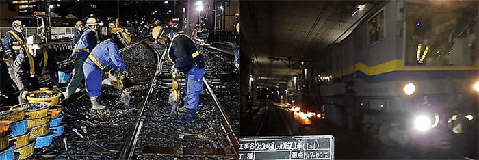 (左)軌道補修作業(右)重機械によるレール面研磨