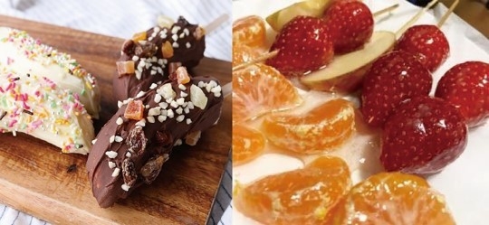 チョコレートフォンデュ風バナナデザートとフルーツ飴の盛り合わせ(みかん、いちご、ぶどう)