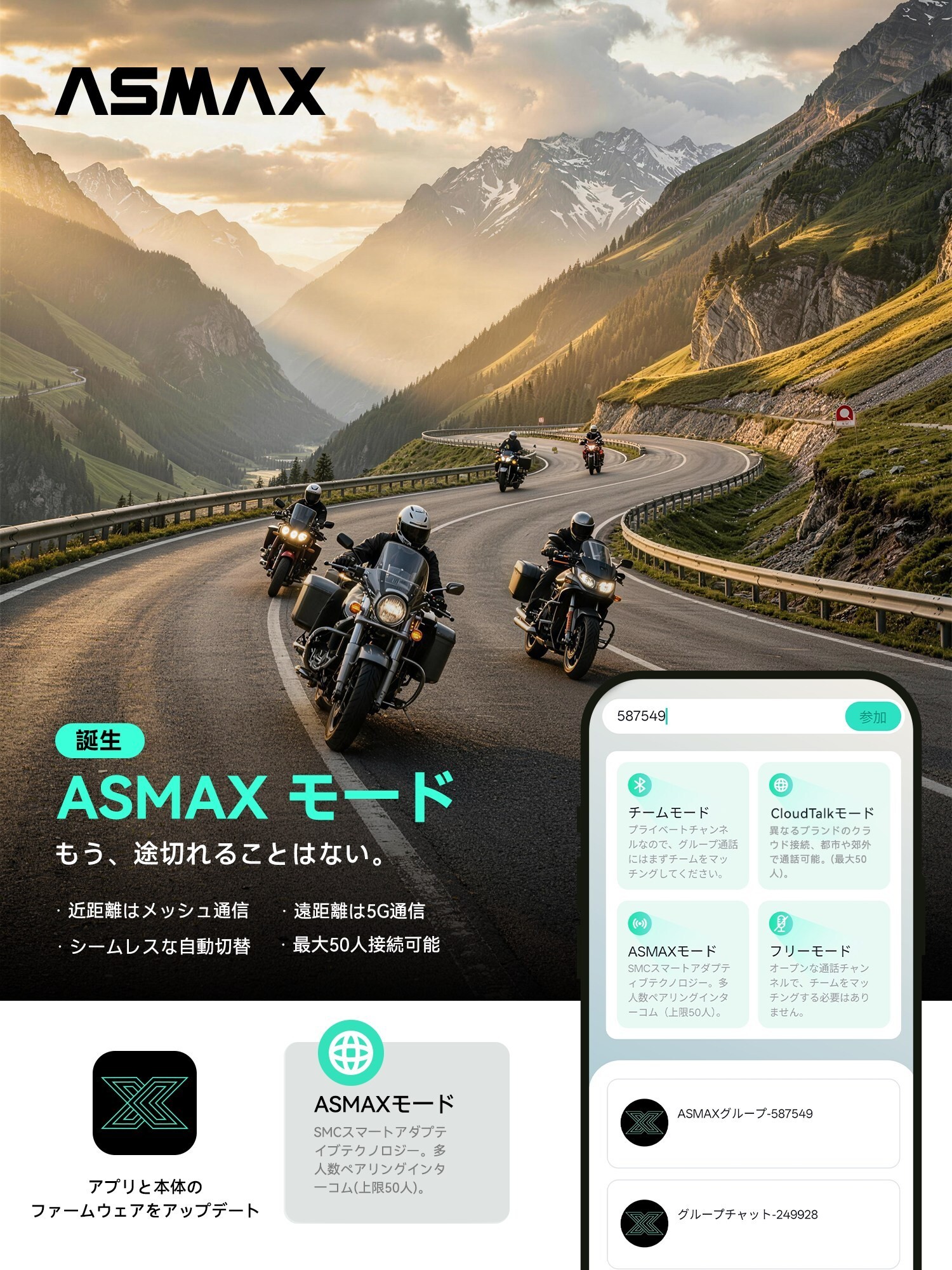 “50人でも切れない”バイク向け次世代インカム「ASMAX Mode」世界発表　4G/5G自動切替で長距離でも途切れない通信