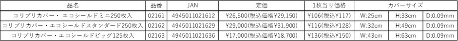 コリブリカバーエコシールド一覧表