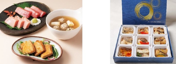 〈黒門市場 新魚栄〉近大マグロづくし(左)、近大マダイ惣菜詰合せ(右)