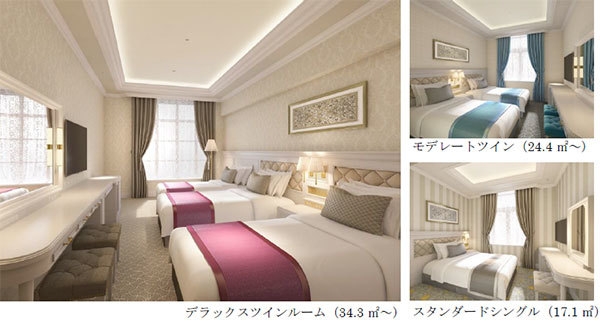 (左)デラックスツインルーム（34.3平方メートル～）、(右上)モデレートツイン（24.4平方メートル～）、(右下)スタンダードシングル（17.1平方メートル）
