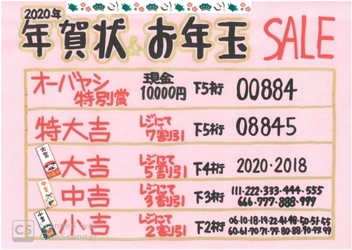 名古屋県民必見！オーバヤシの 「ワクワク楽しく買い物プロジェクト」　 『2020年年賀状セール』　 2020年に届いた年賀ハガキのお年玉番号で 現金10,000円が当たる！！・最大70％OFFも！！