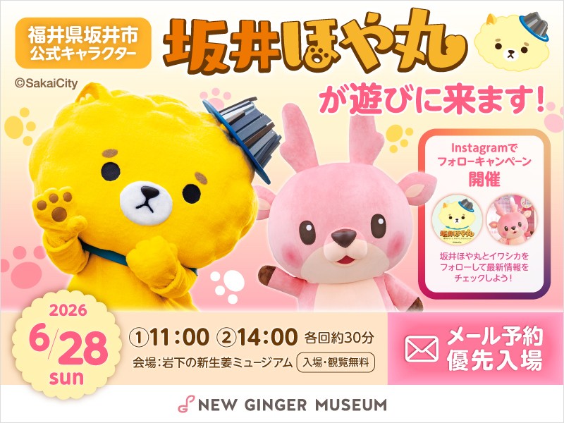 坂井市公式キャラクター「坂井ほや丸」と岩下の新生姜公式キャラクター「イワシカ®」ちゃんのコラボグリーティングを6月28日開催!期間限定コラボメニューを6月19日から提供&コラボグッズ6月28日発売